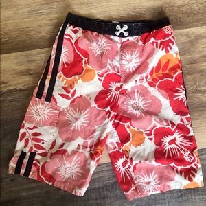 Boy’s board shorts red and orange Hawaiian 🌺
